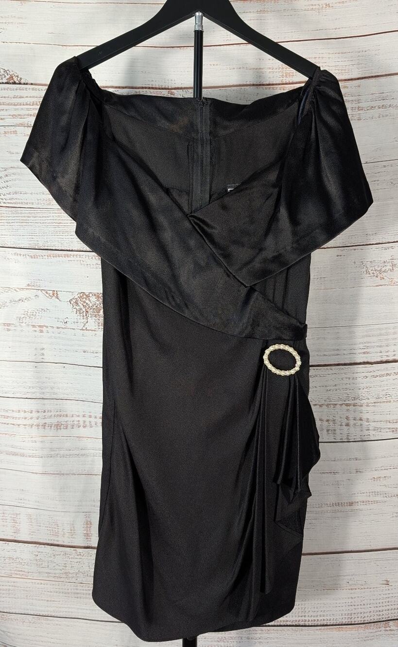 Chauncey St. Vintage Black Off Shoulder Dress Faux Pearl Buckle Made USA